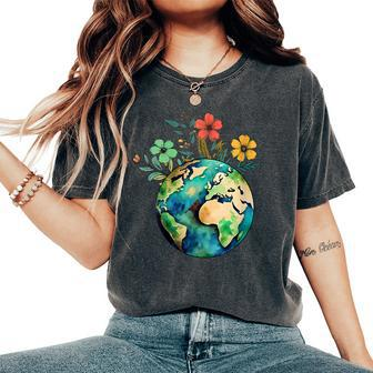 Happy Earth Day Cute Earth With Floral Earth Day 2024 Women's Oversized Comfort T-Shirt | Mazezy