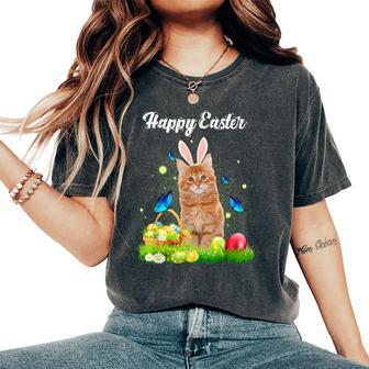 Happy Easter Day Bunny Cat Eggs Basket Cat Lover Women's Oversized Comfort T-Shirt - Monsterry