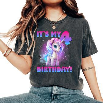 Its My 4Th Birthday Girl Unicorn Family Party Decorations Women's Oversized Comfort T-Shirt - Seseable
