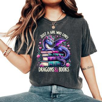 Just A Girl Who Loves Dragons And Books Dragon Reading Women's Oversized Comfort T-Shirt - Seseable