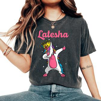 Latesha Name Personalized Birthday Dabbing Unicorn Queen Women's Oversized Comfort T-Shirt - Monsterry AU