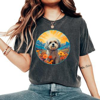 Lhasa Apso Puppy Dog Cute Flower Mountain Sunset Colorful Women's Oversized Comfort T-Shirt | Mazezy CA