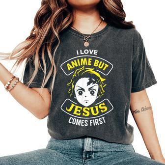 I Love Anime But Jesus Comes First Christian Japan Yellow Women's Oversized Comfort T-Shirt - Thegiftio UK