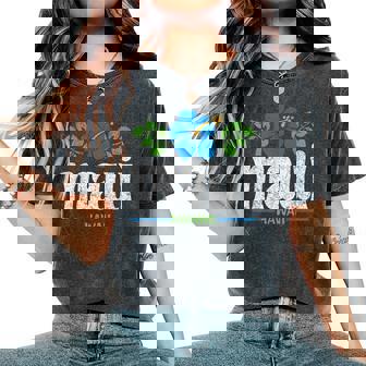 Maui Hawaii Text And Blue Flower Distressed Print Women's Oversized Comfort T-Shirt | Mazezy