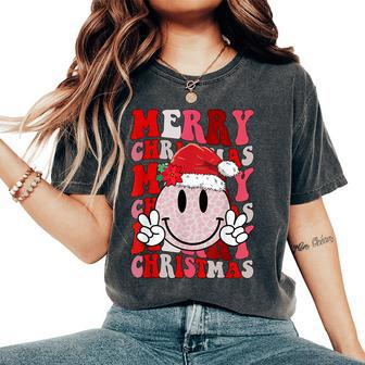 Merry Christmas Smile Face Santa Claus Hat Groovy Retro Women's Oversized Comfort T-Shirt - Seseable
