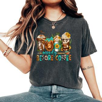 Moody Before Coffee Western Longhaired Cow Highland Cow Women's Oversized Comfort T-Shirt | Mazezy