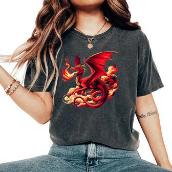 Mythical Red Dragon Breathes Fire On Clouds Boy Girl Dragon Women's Oversized Comfort T-Shirt - Seseable
