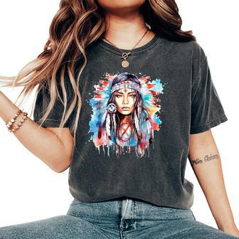 Native American Day Indigenous Girl With Feathers Women's Oversized Comfort T-Shirt - Thegiftio UK