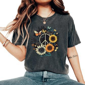 Peace Sign Love Sunflower On 60S 70S Sunflower Hippie Women's Oversized Comfort T-Shirt - Seseable