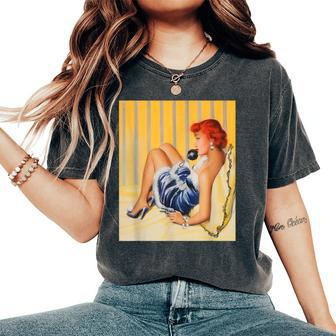 Pin Up Hot Girl Redhead Ginger In Heels-Vintage Pinup Girl Women's Oversized Comfort T-Shirt - Monsterry