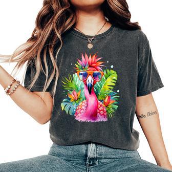 Pink Flamingo Party Tropical Bird With Sunglasses Vacation Women's Oversized Comfort T-Shirt - Monsterry DE