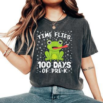 Pre K 100 Days Of School Boys Girls Frog Time Flies Fly Cute Women's Oversized Comfort T-Shirt - Monsterry