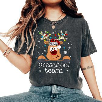 Preschool Team Plaid Reindeer Santa Hat Teacher Christmas Women's Oversized Comfort T-Shirt - Seseable