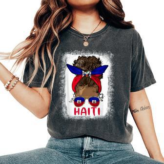 Proud Haitian Girl Messy Bun Haiti Flag Black Woman Women's Oversized Comfort T-Shirt - Seseable