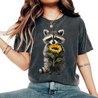 Raccoon Holding Sunflower Cute Flower Women's Oversized Comfort T-Shirt - Seseable