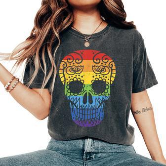 Rainbow Sugar Skull Day Of The Dead Lgbt Gay Pride Women's Oversized Comfort T-Shirt - Monsterry