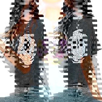 Retro Flower Happy Face Checkered Pattern Smile Face Trendy Women's Oversized Comfort T-Shirt - Thegiftio UK
