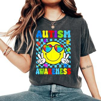 Retro Groovy Autism Awareness Hippie Smile Face Boy Girl Kid Women's Oversized Comfort T-Shirt - Monsterry