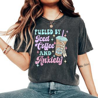 Retro Groovy Coffee Fueled By Iced Coffee And Anxiety Women's Oversized Comfort T-Shirt | Mazezy