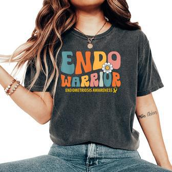Retro Groovy Endometriosis Endo Warrior Yellow Ribbon Womens Women's Oversized Comfort T-Shirt - Monsterry