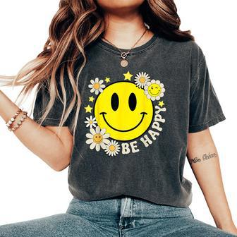Retro Groovy Be Happy Smile Face Daisy Flower 70S Women's Oversized Comfort T-Shirt - Seseable