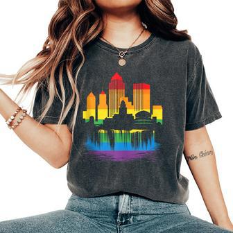 Retro Rochester Skyline Rainbow Lgbt Lesbian Gay Pride Women's Oversized Comfort T-Shirt - Monsterry DE