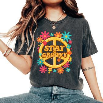 Stay Groovy 60S 70S Floral Peace Symbol Be Positive Hippie Women's Oversized Comfort T-Shirt - Thegiftio UK