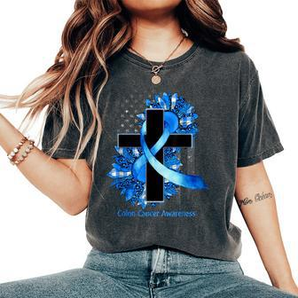 Sunflower Blue Ribbon Christian Cross Colon Cancer Awareness Women's Oversized Comfort T-Shirt - Thegiftio UK