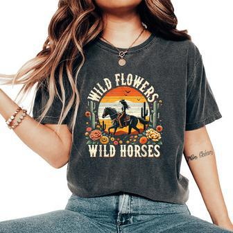 Sunset Cowgirl Riding Horse Wild Flowers Wild Horses Women's Oversized Comfort T-Shirt - Seseable