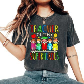 Teacher Of Tiny Superheroes First Day Back To School Graphic Women's Oversized Comfort T-Shirt - Thegiftio UK