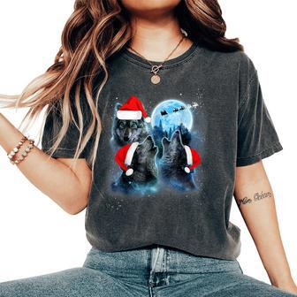 Three Wolves Howling Under Moon Christmas Santa Wolf Lover Women's Oversized Comfort T-Shirt | Mazezy