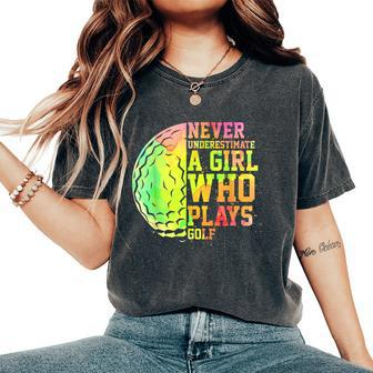 Never Underestimate A Girl Who Plays Golf Sports Lover Women's Oversized Comfort T-Shirt | Mazezy