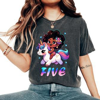 Unicorn 5Th Birthday 5 Years Old Black Girl African American Women's Oversized Comfort T-Shirt | Mazezy