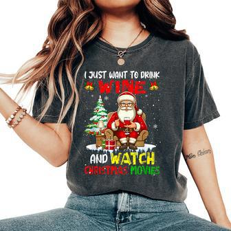 Vintage Drink Wine And Watch Xmas Movies Santa Drinker Women's Oversized Comfort T-Shirt - Monsterry
