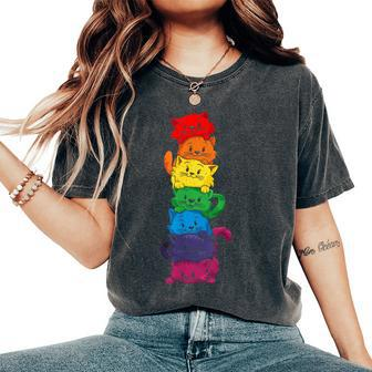 Vintage Lgbt Cat Stack Rainbow Gay Pride For Cat Lover Women's Oversized Comfort T-Shirt - Monsterry DE
