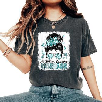 Warrior Messy Bun Teal Ribbon Addiction Recovery Women's Oversized Comfort T-Shirt - Monsterry