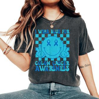 I Wear Blue For Colon Cancer Awareness Groovy Smile Face Women's Oversized Comfort T-Shirt | Mazezy