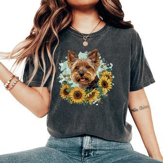 Yorkshire Terrier Yorkie Sunflower Dog Cute Graphic Women's Oversized Comfort T-Shirt - Seseable