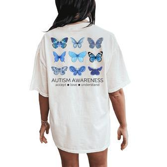 In April We Wear Blue Butterfly Autism Mental Health Women's Oversized Comfort T-Shirt Back Print | Mazezy