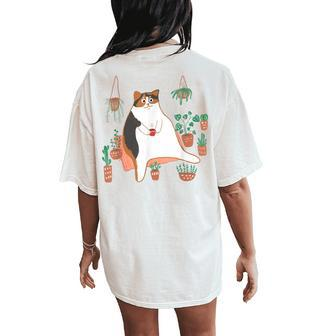 Calico Cat With Pot Plants Cat Lover For Mom Women Women's Oversized Comfort T-Shirt Back Print - Monsterry DE