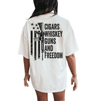 Cigars Whiskey Guns & Freedom Camo Gun Drinking- On Back Women's Oversized Comfort T-Shirt Back Print - Monsterry DE