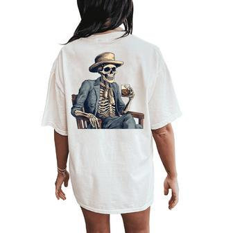 Cowboy Skeleton Drinking Whiskey Western Outlaw Skull Saloon Women's Oversized Comfort T-Shirt Back Print - Monsterry UK