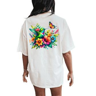 Floral Watercolor Hummingbird & Butterfly Women's Oversized Comfort T-Shirt Back Print - Seseable