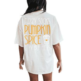Fuzzy Socks Pumpkin Spice Cozy Blankets Fall Season Women's Oversized Comfort T-Shirt Back Print - Monsterry CA