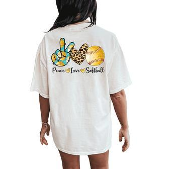 Girls Peace Love Softball Catcher Pitcher Cute Youth Women Women's Oversized Comfort T-Shirt Back Print - Seseable