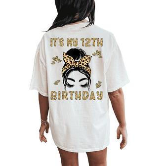 It's My 12Th Birthday Leopard Messy Bun 12 Year Old Birthday Women's Oversized Comfort T-Shirt Back Print - Thegiftio UK
