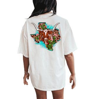 Leopard Cow Texas Map Longhorn Desert Cactus Western Country Women's Oversized Comfort T-Shirt Back Print - Thegiftio UK