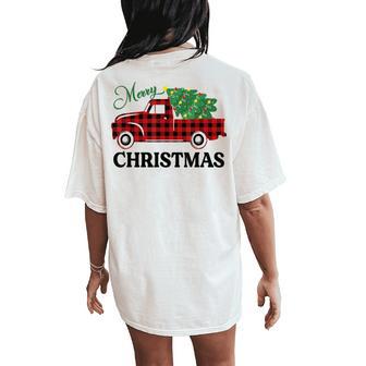 Merry Christmas White Buffalo Plaid Truck Tree Womens Women's Oversized Comfort T-Shirt Back Print - Monsterry UK