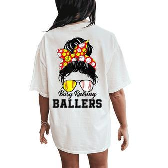 Messy Bun Mom Of Both Baseball Softball Busy Raising Ballers Women's Oversized Comfort T-Shirt Back Print - Monsterry