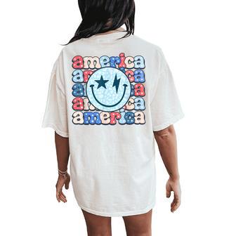 Retro America Groovy Smile Face American Flag 4Th Of July Women's Oversized Comfort T-Shirt Back Print - Monsterry DE